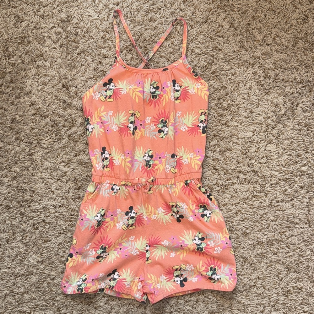 6x girls coral Mikey and Minnie Mouse tropical romper. Sleeveless with pockets.